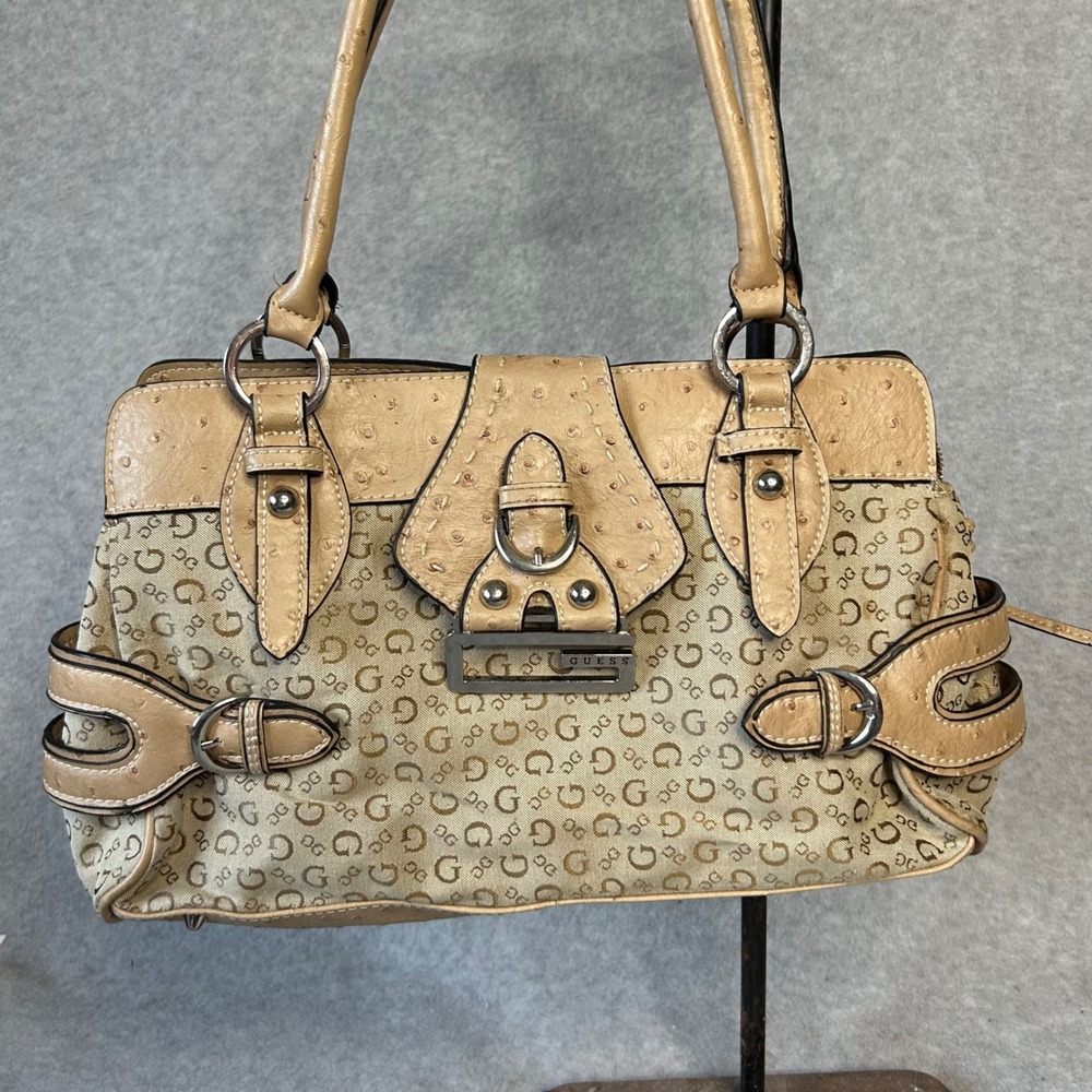 Y2K Guess Satchel Handbag Purse Beige Monogram G Logo Buckle‎ Faux Ostrich 90s